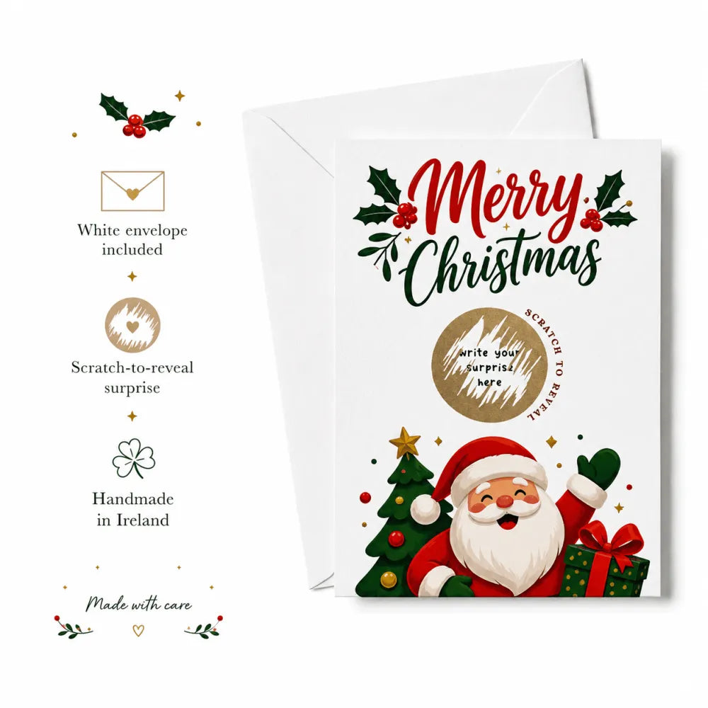 White merry christmas scratch reveal card with cute santa holding gift beside decorated tree and merry christmas text