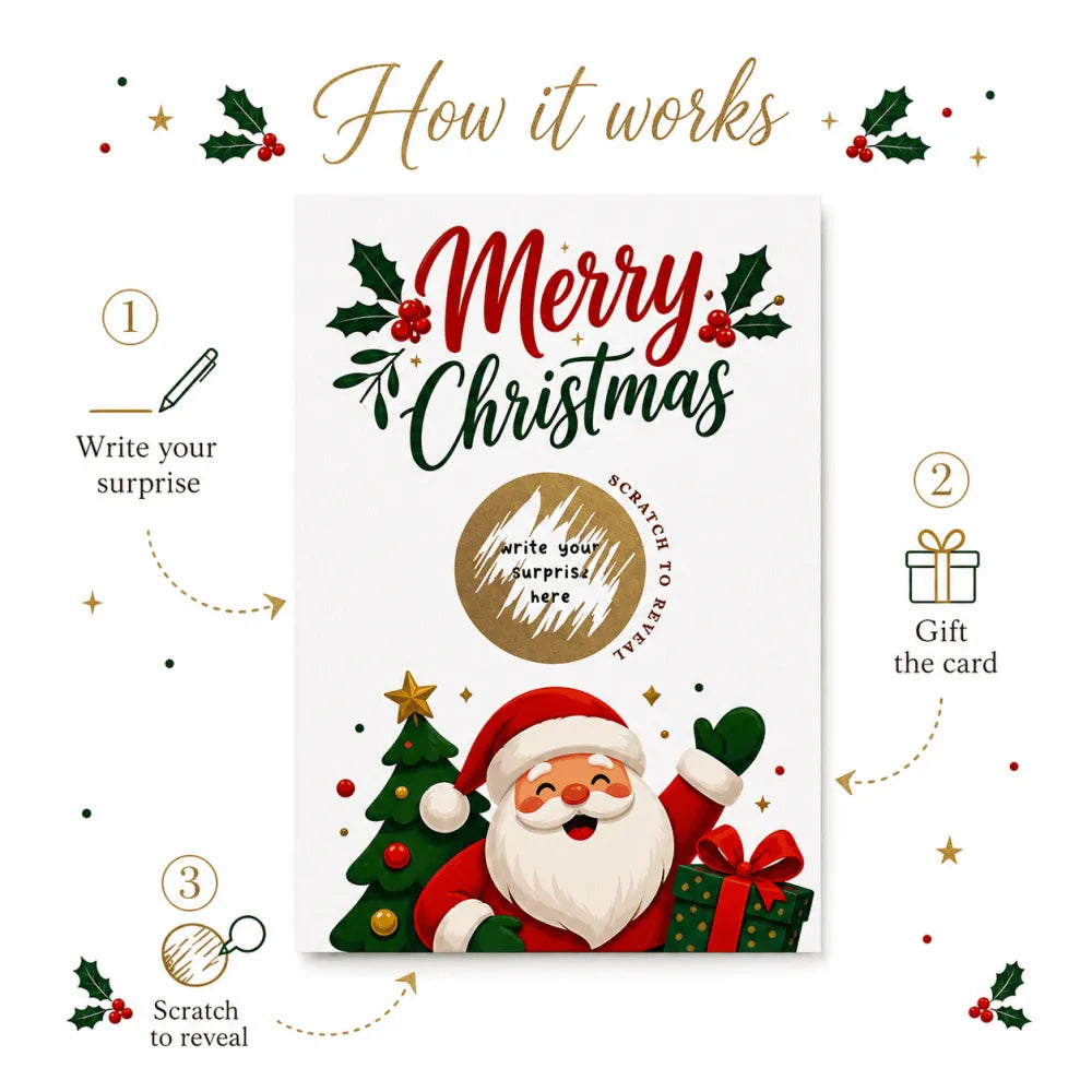 Merry christmas scratch reveal card with cheerful santa, festive red and green decorations, and gold writing area