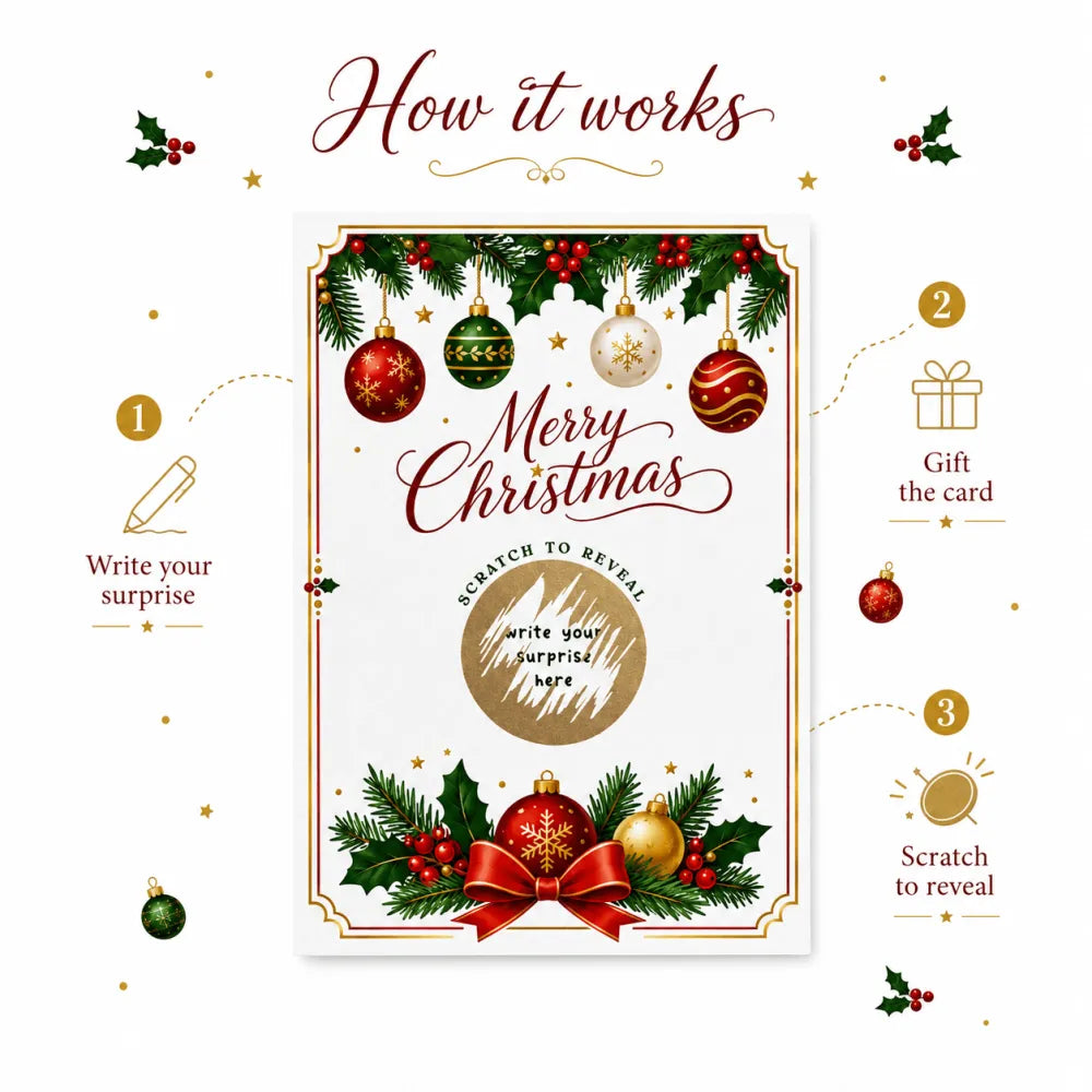 Merry christmas scratch reveal card with elegant baubles and a gold circular scratching area for festive fun