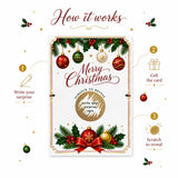 Merry christmas scratch reveal card with elegant baubles and a gold circular scratching area for festive fun