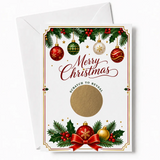 A festive white christmas scratch reveal card with red green gold baubles holly berries and a central scratch area