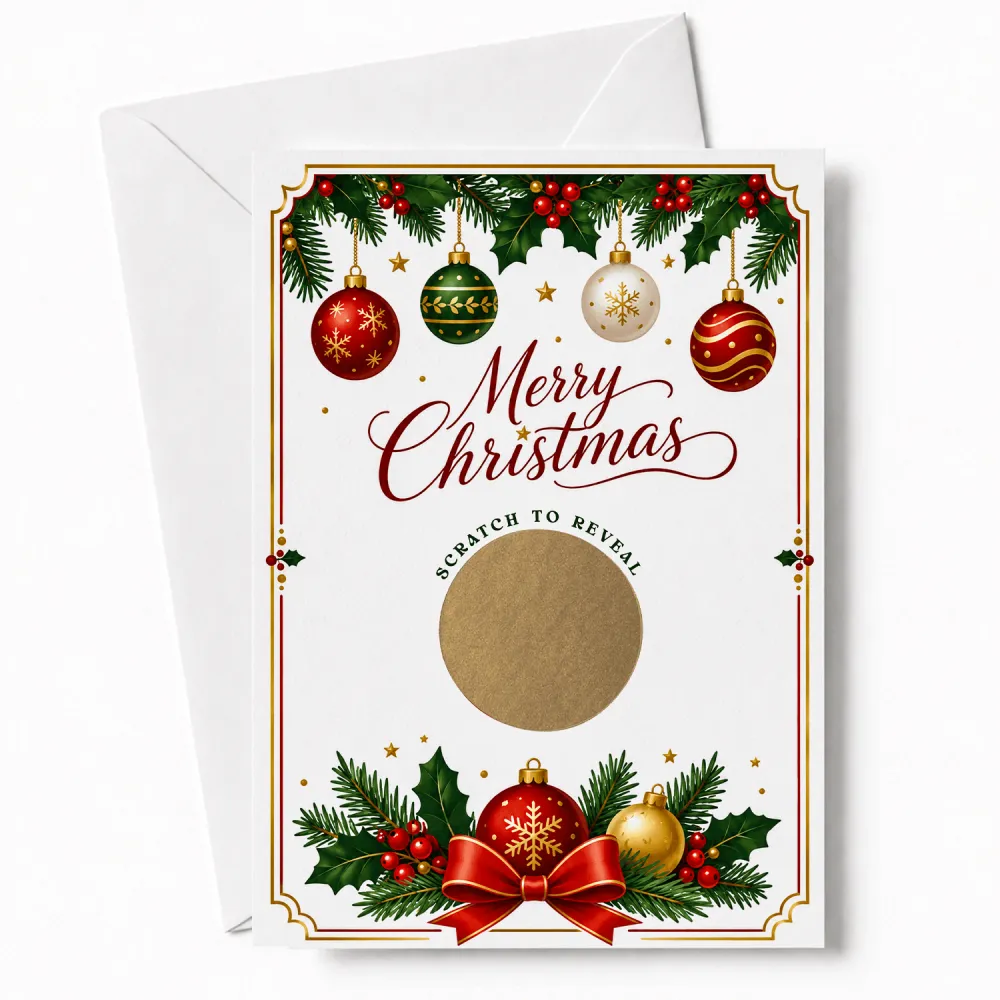 A festive white christmas scratch reveal card with red green gold baubles holly berries and a central scratch area