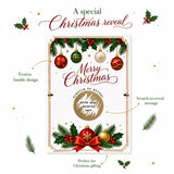Festive merry christmas scratch reveal card featuring red green and gold baubles and holly decorative border