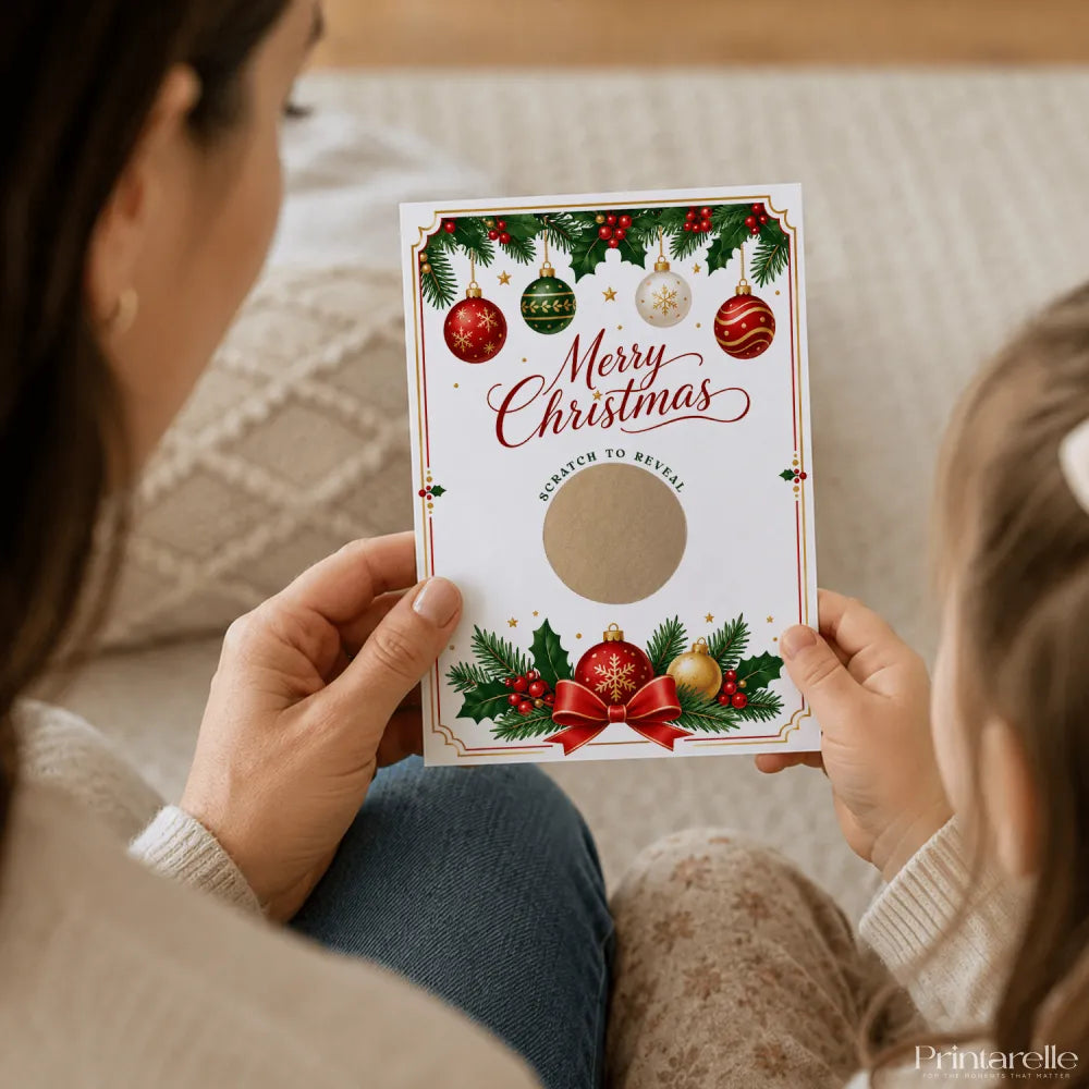 A festive white merry christmas scratch reveal card decorated with red green and gold baubles holly and a bow
