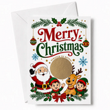 Merry christmas scratch reveal card featuring santa, elves, and reindeer in festive reds, greens, and gold with holly and ornaments