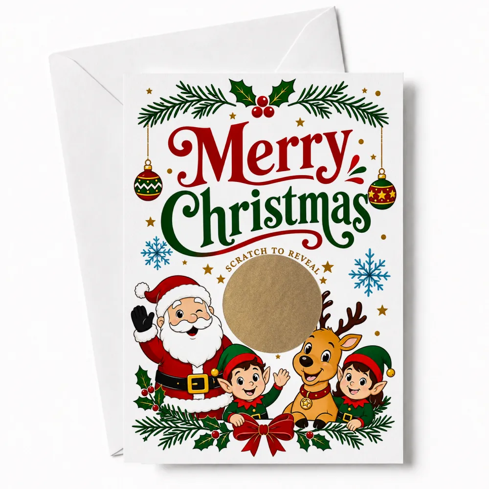 Merry christmas scratch reveal card featuring santa, elves, and reindeer in festive reds, greens, and gold with holly and ornaments