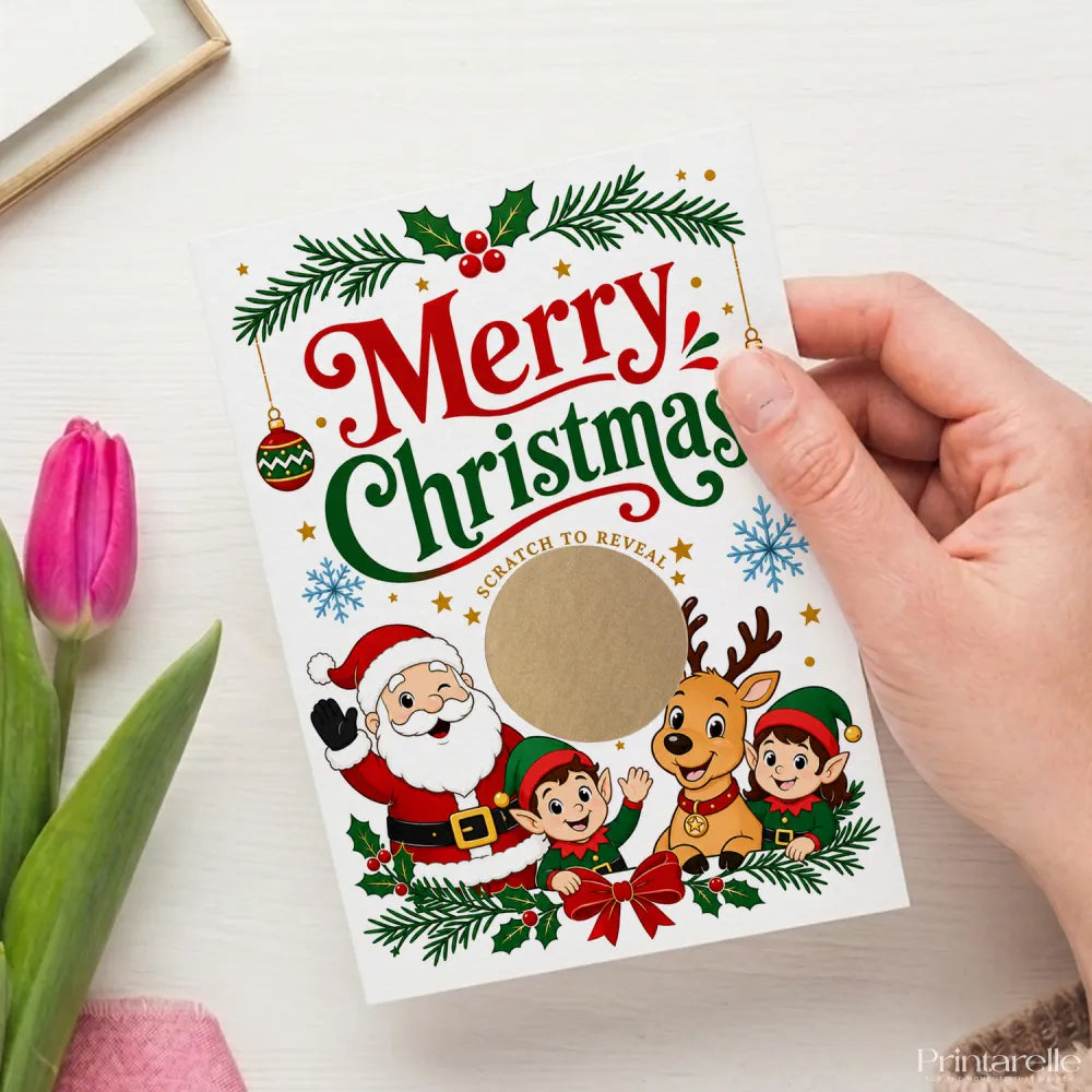 A festive merry christmas scratch reveal card with santa elves and reindeer in red green and gold colors