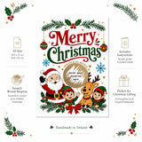 Merry christmas scratch reveal card with santa elves and reindeer in reds greens and golds featuring a circular scratch area