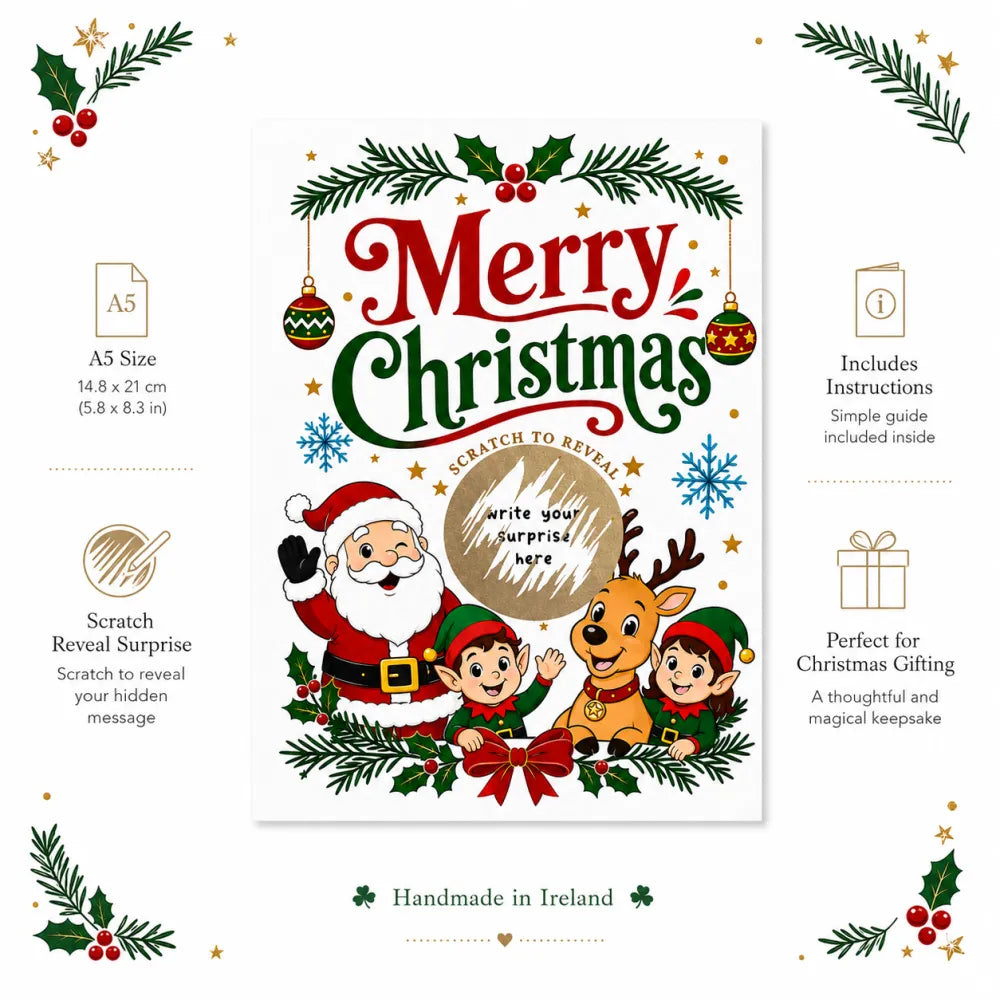 Merry christmas scratch reveal card with santa elves and reindeer in reds greens and golds featuring a circular scratch area