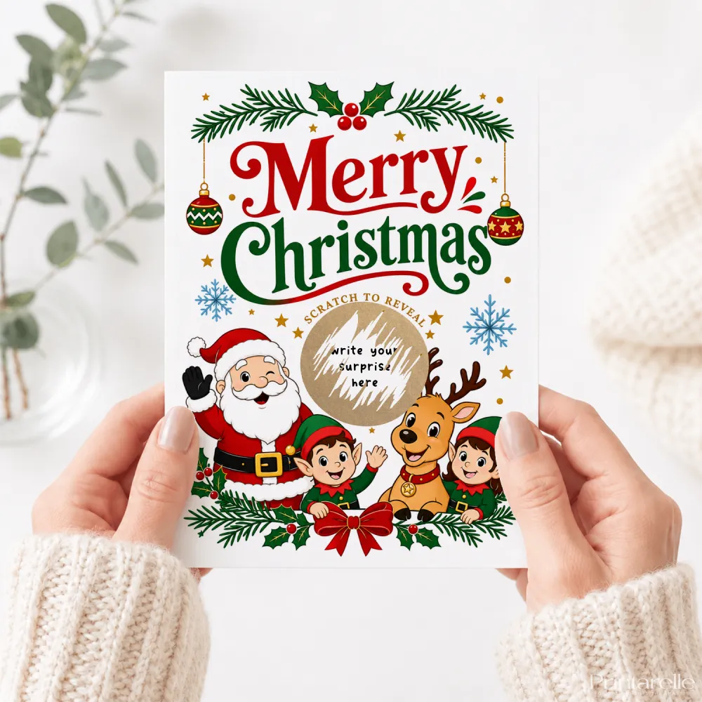 A festive white merry christmas scratch reveal card featuring santa elves reindeer and a central scratch circle