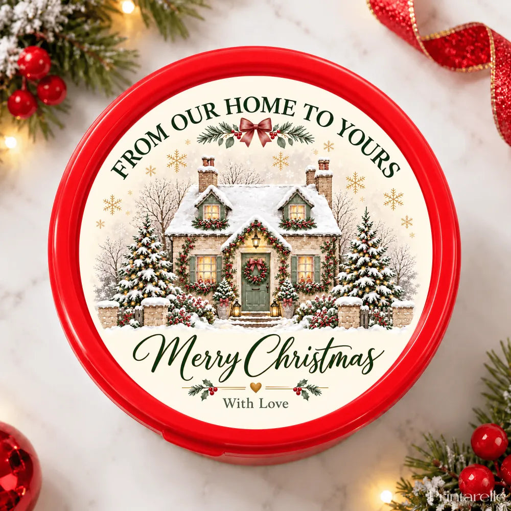 Red circular christmas gift tin with snowy cottage tub sticker ready printed with merry christmas with love text