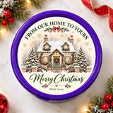 Purple round ready printed tub sticker featuring a festive snowy cottage with green door and christmas wreaths