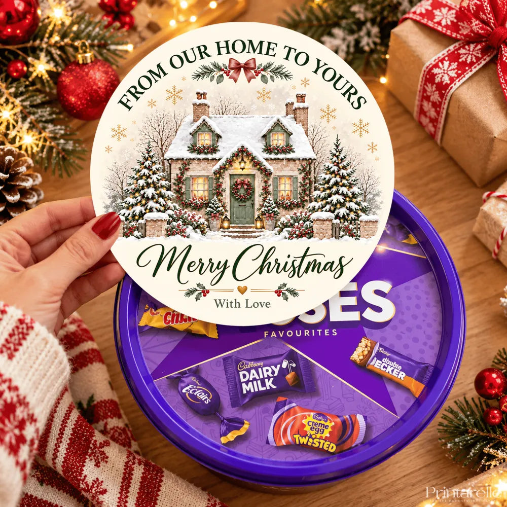 Purple cadbury chocolate tin with ready printed merry christmas snowy cottage festive circular lid sticker