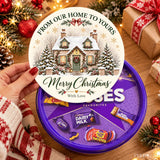 Purple cadbury chocolate tin with ready printed merry christmas snowy cottage festive circular lid sticker