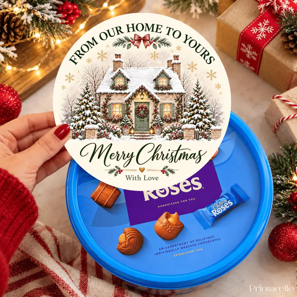 Blue circular cadbury roses tub with ready printed snowy cottage lid and merry christmas text for festive gifting