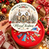 Red circular chocolate tin with festive white snowy cottage lid ready printed with tub sticker and assorted candy bars
