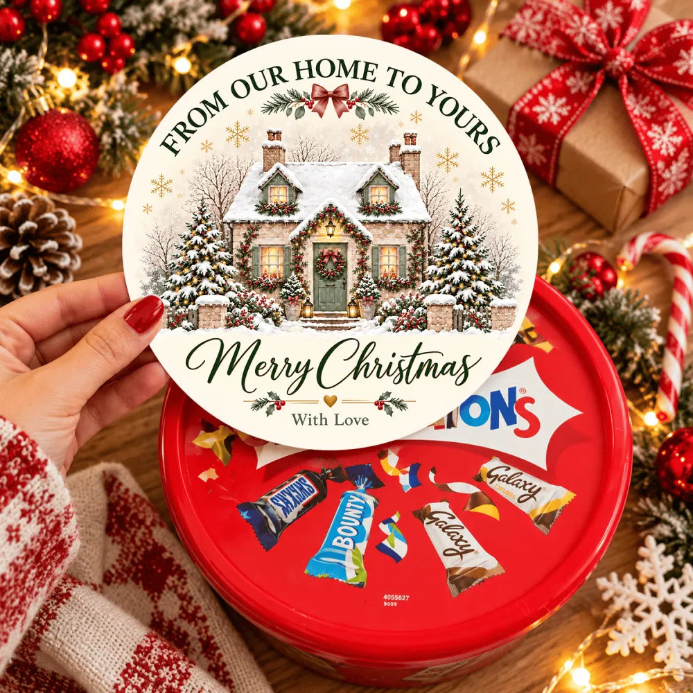 Red circular chocolate tin with festive white snowy cottage lid ready printed with tub sticker and assorted candy bars