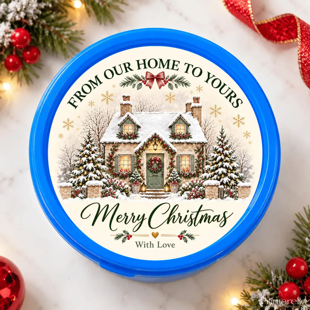 Blue circular ceramic cookie jar with ready printed snowy cottage and merry christmas message for holiday use
