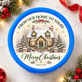 Blue circular ceramic cookie jar with ready printed snowy cottage and merry christmas message for holiday use