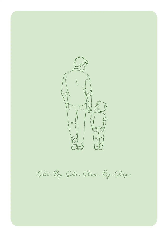 A minimalist line drawing of an adult and a child walking together, rendered in thin black outlines on a soft mint green background.