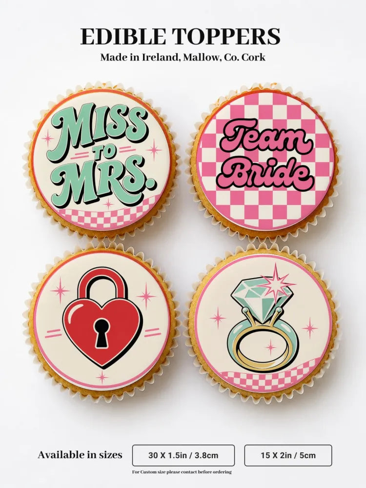 Pink and white checkered edible cupcake toppers with miss to mrs team bride heart lock and diamond ring designs on icing sheet