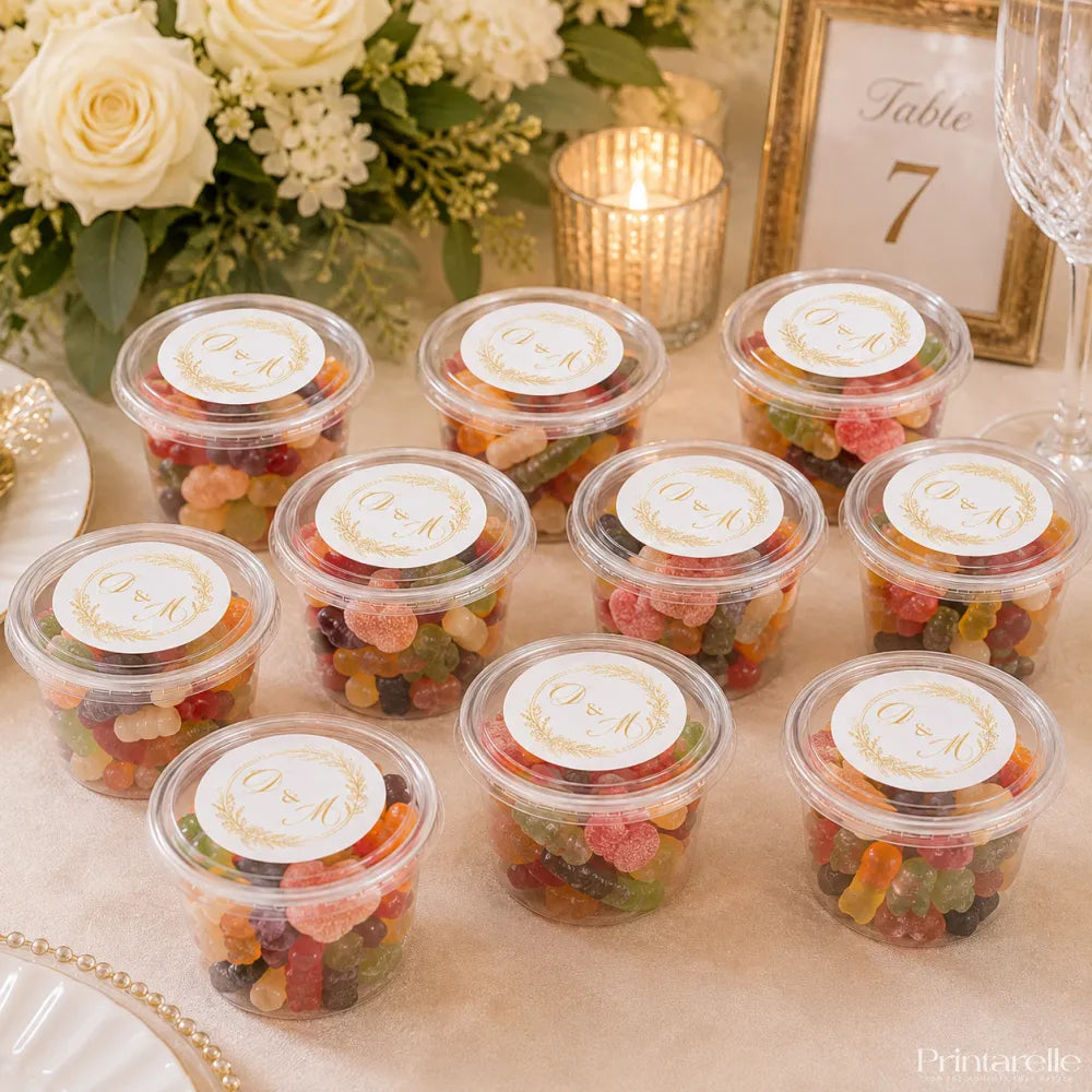 Clear plastic tubs filled with colorful gummy candies sealed with white monogram wreath foiled stickers and gold lettering