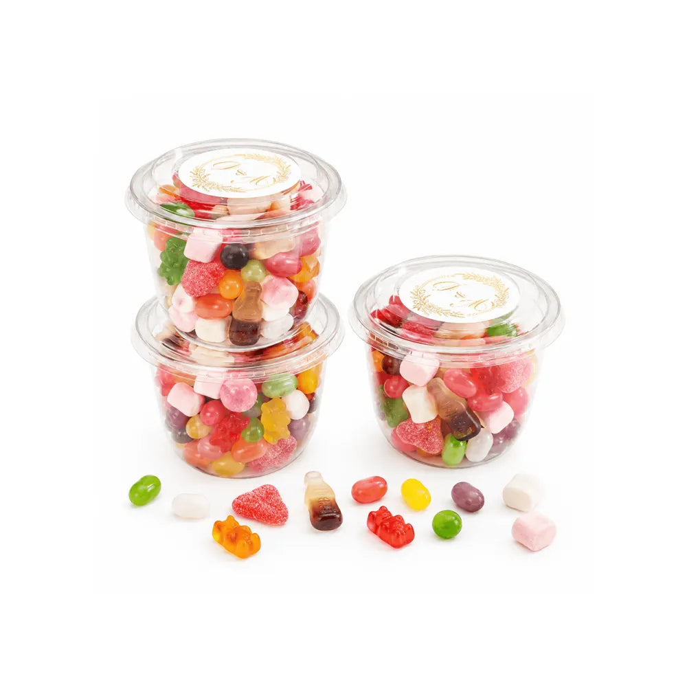 Clear plastic containers of colorful gummy candies for monogram wreath foiled sticker in 100g and 150g tubs