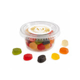 Clear plastic mini tub with gold and white monogram wreath foiled lid holding assorted colorful gummy candies