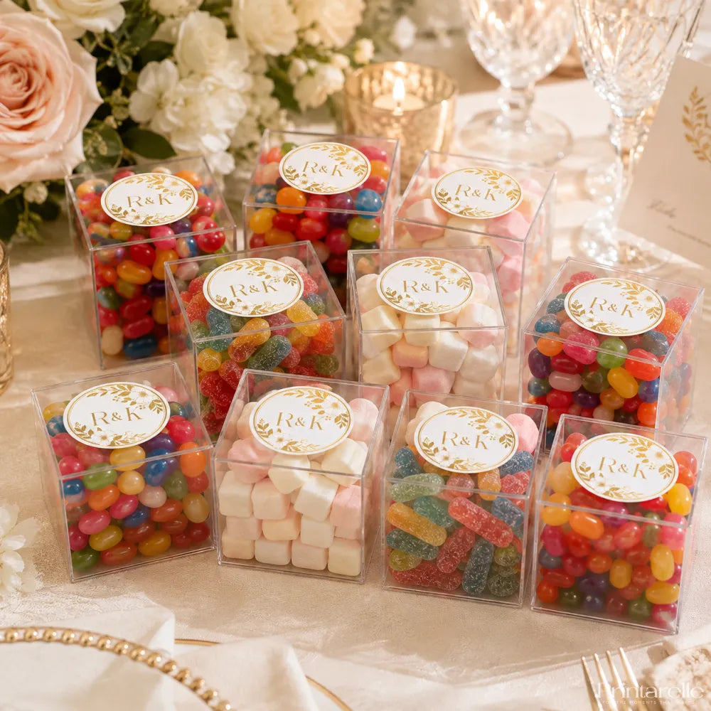 Clear plastic square box with colorful jelly beans and marshmallows featuring gold embossed r&k monogram wreath wedding date foil sticker