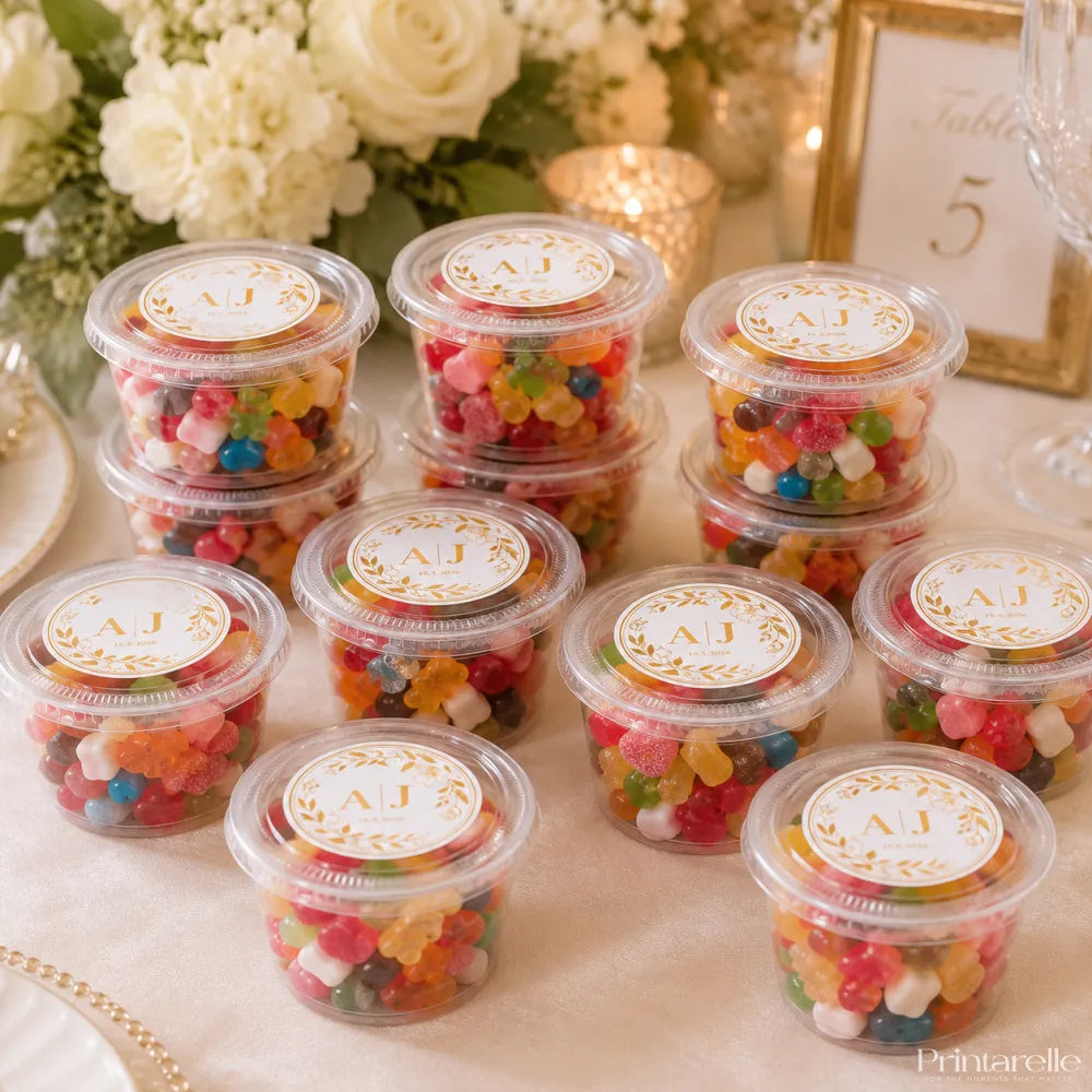 Clear plastic containers filled with colorful gummy candies sealed with white and gold monogram wreath foiled stickers