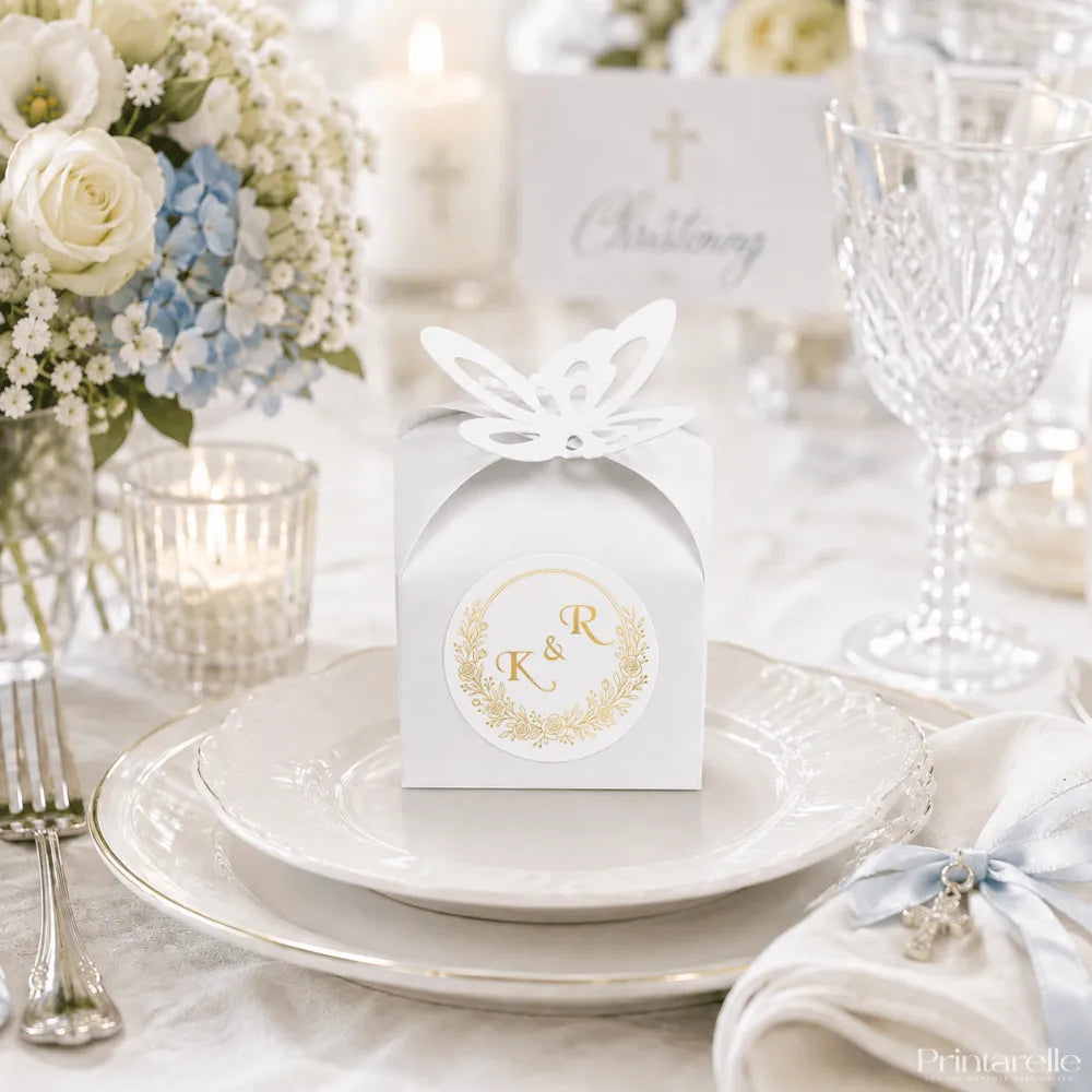 White paper favour box with gold embossed monogram and butterfly lid perfect for wedding favours and monogram wreath designs