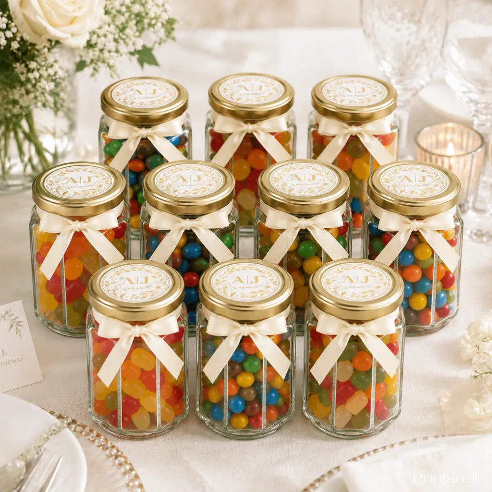 Clear glass jar wedding favours with gold lids cream ribbons and colorful gummies featuring monogram wreath foil sticker
