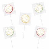 Round colorful lollipops with white centers and gold monogram wreath foil stickers wrapped in clear cellophane wedding favours