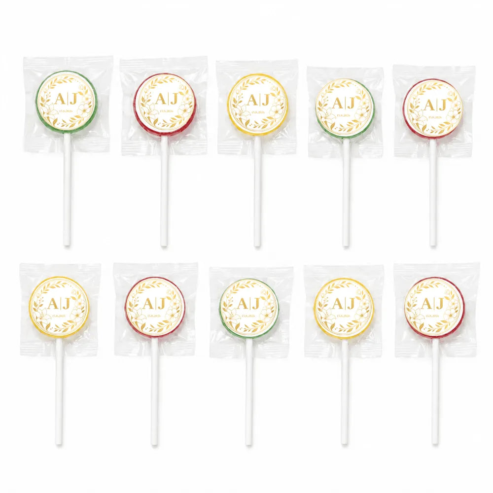 Personalized monogram wreath lollipop favours in assorted colors with gold foil stickers perfect for wedding favours