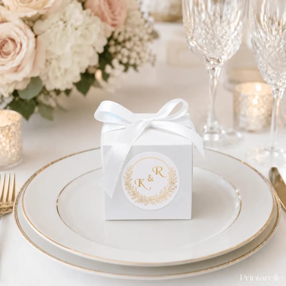 White cube favour box with gold monogram wreath foil sticker and satin ribbon bow for weddings