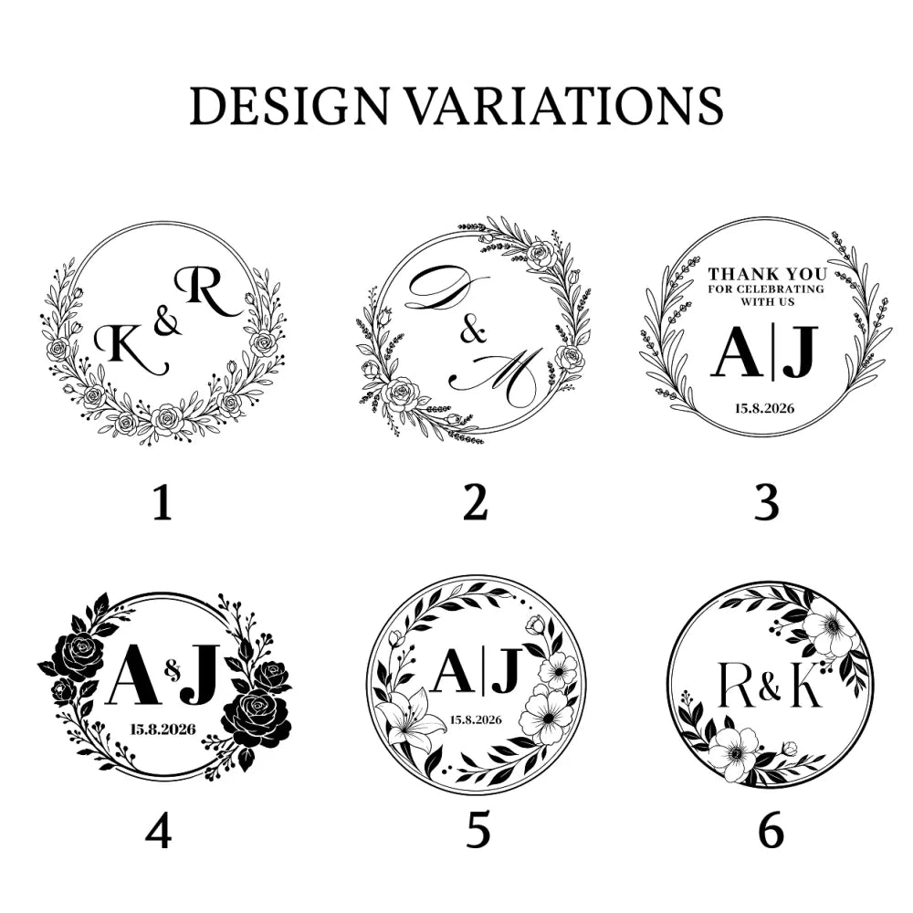 Black and white circular monogram wreath foil stickers for white cube favour boxes with initials and floral designs