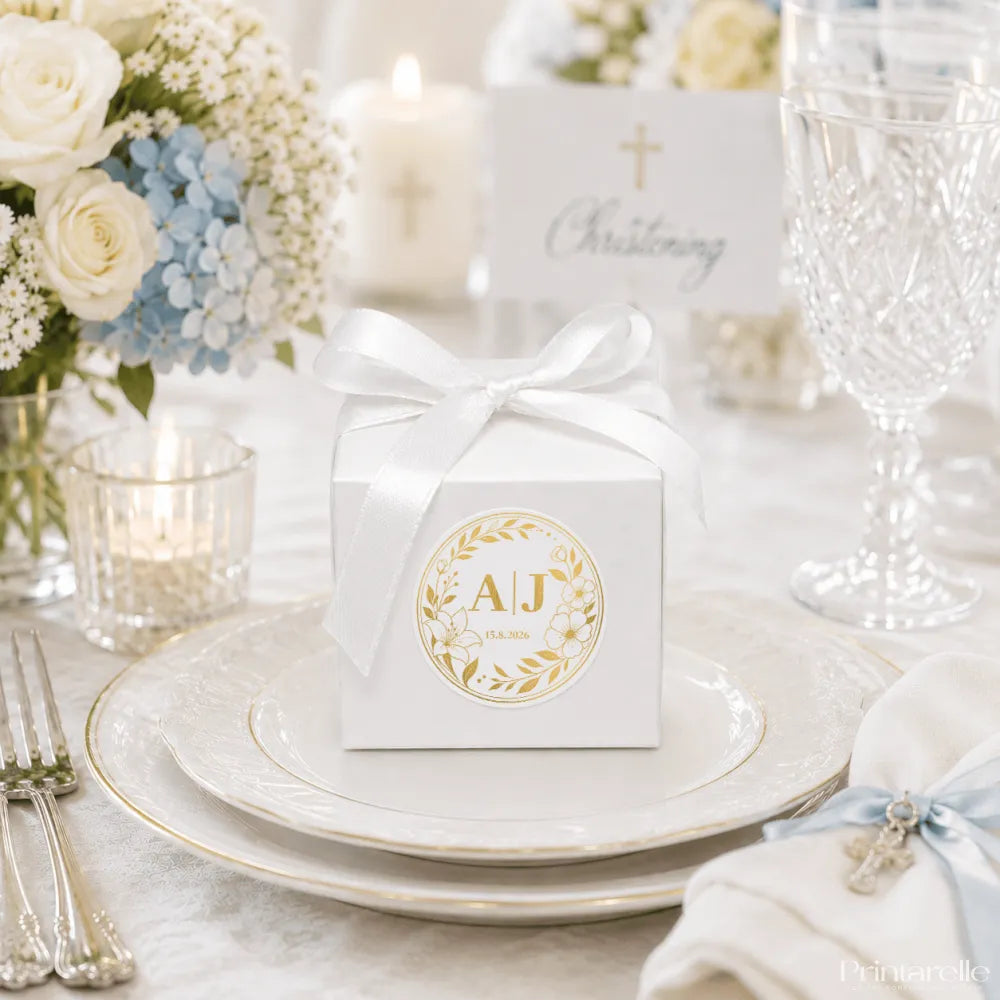 White cube favour box with satin ribbon and gold foil monogram wreath emblem featuring initials a j