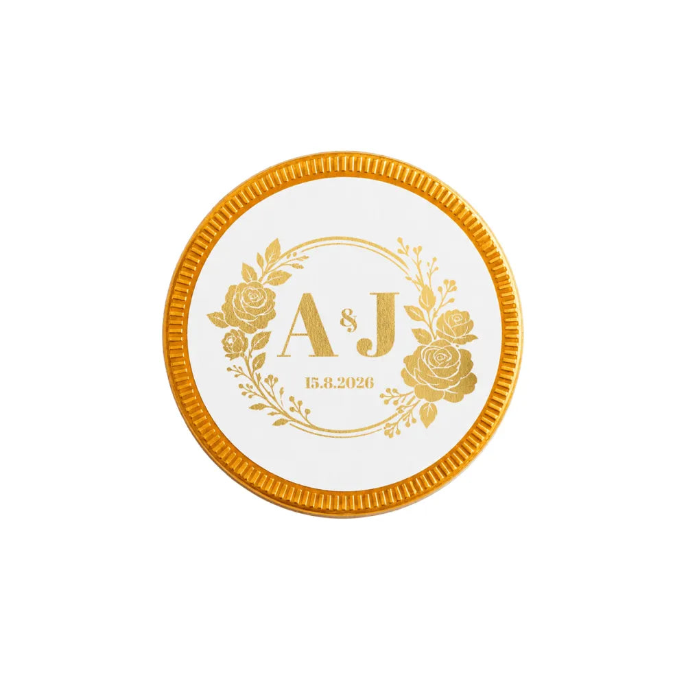 White circular 40mm milk chocolate coins with gold foil wreath monogram for personalized wedding favours