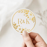 White circular monogram wreath sticker with gold real foil floral design perfect for personalized wedding foil colours