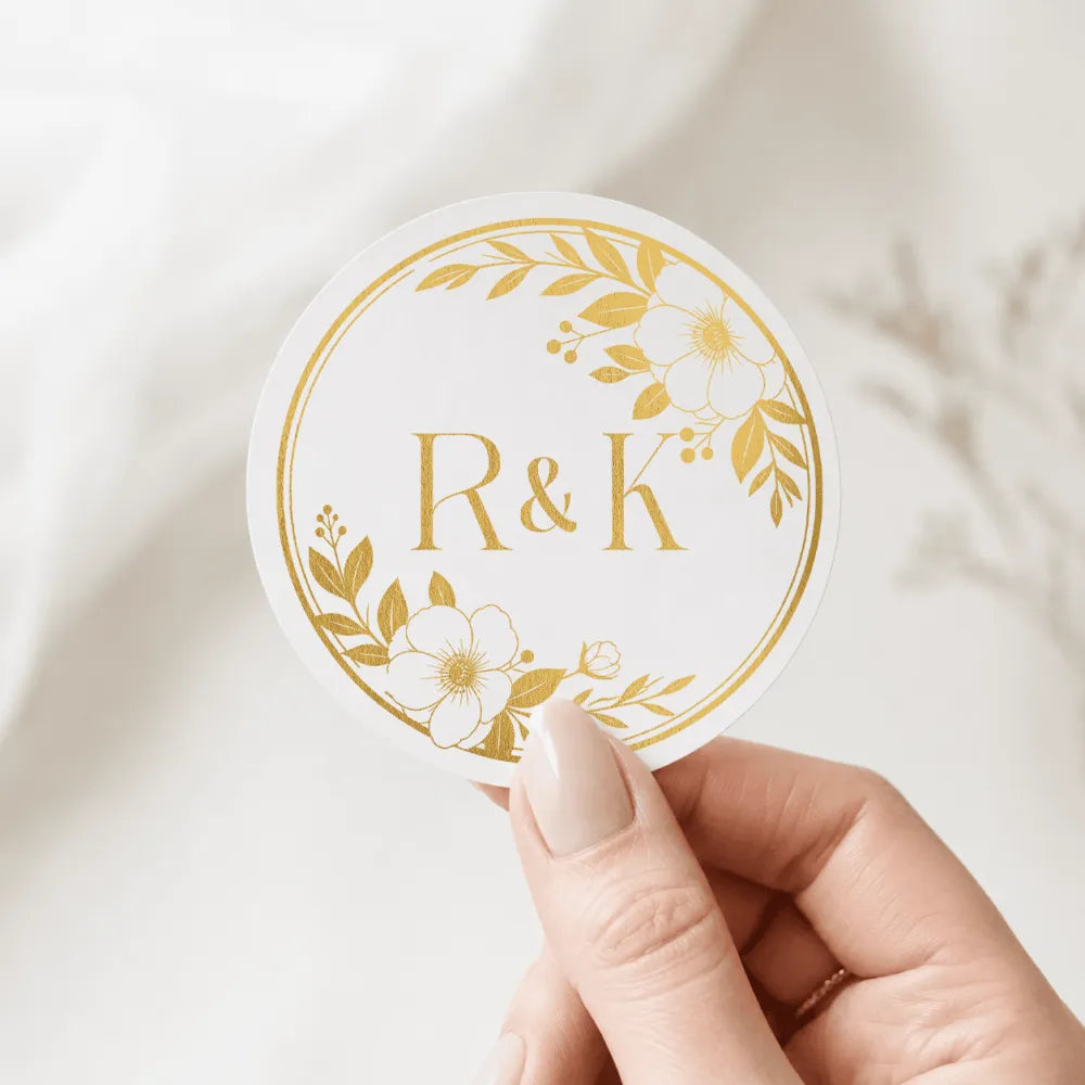 White circular monogram wreath sticker with gold real foil floral design perfect for personalized wedding foil colours