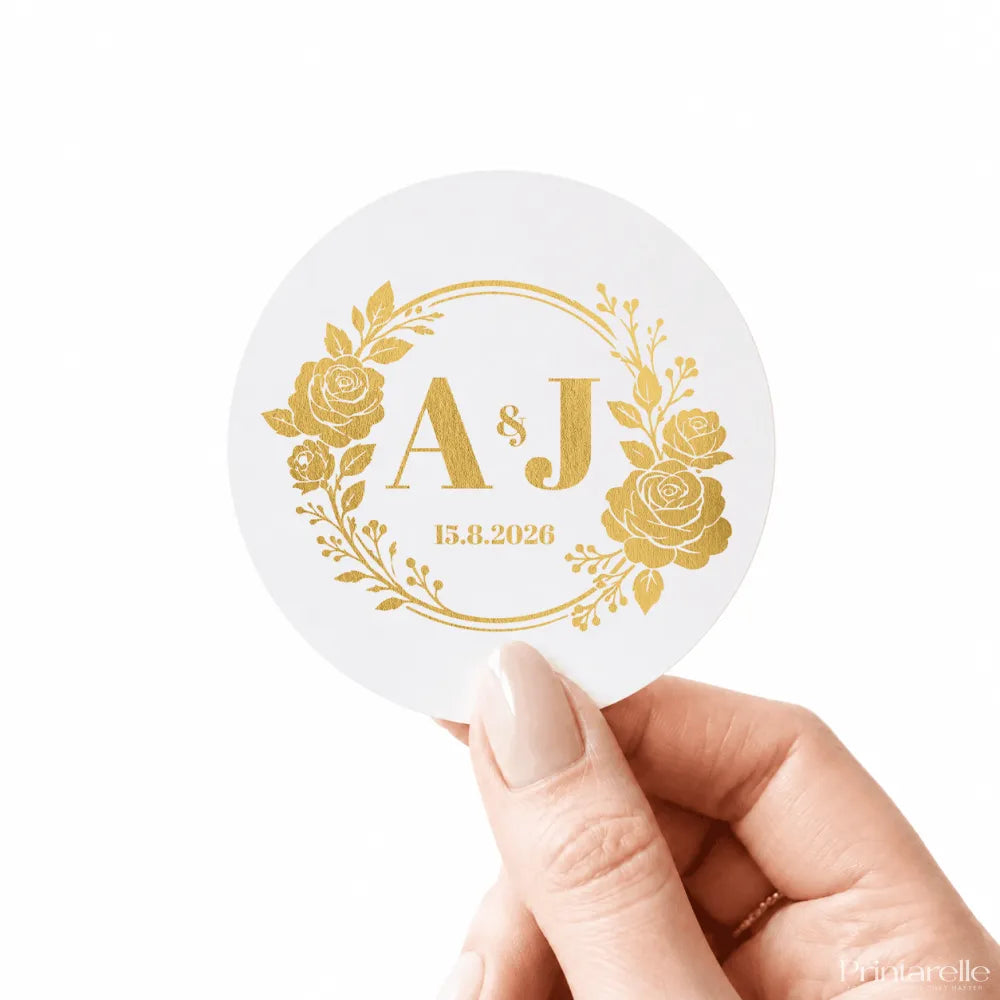 White circular monogram wreath wedding sticker with real gold foil stamping a and j initials and date 15.8.2026