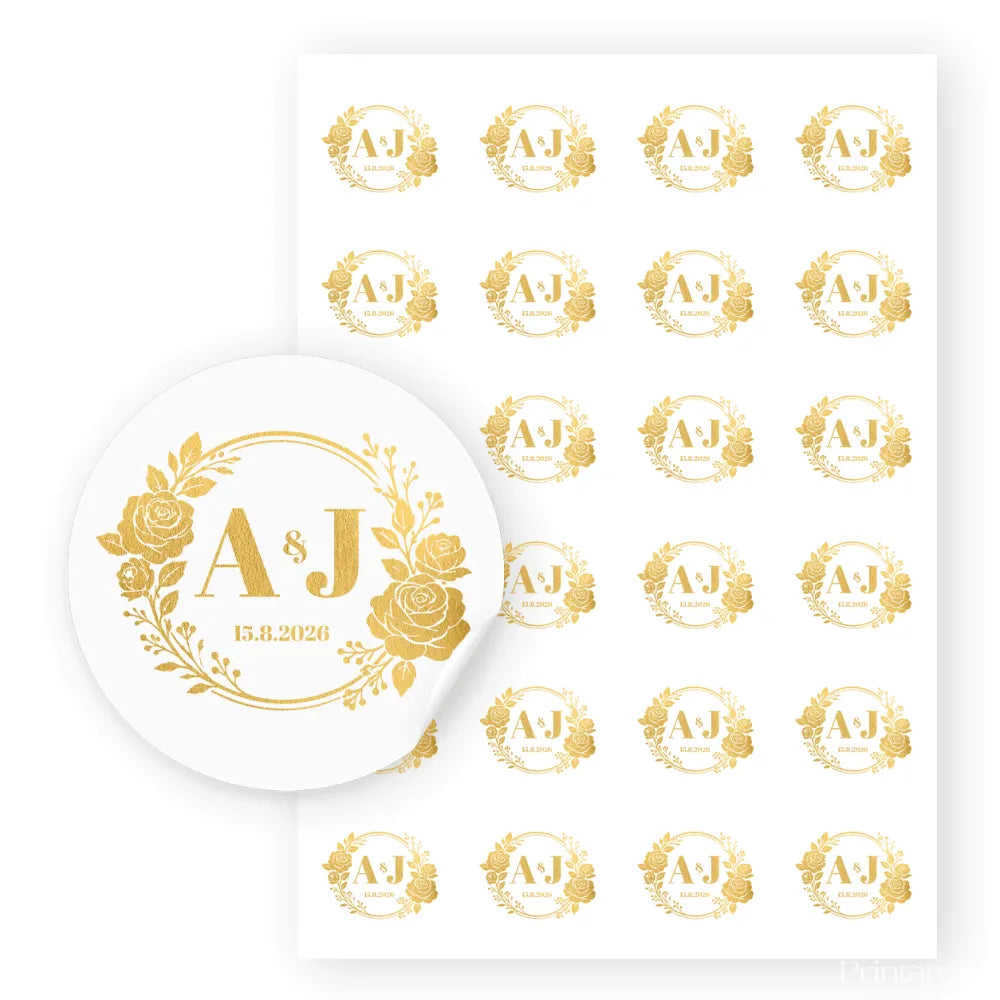 White circular monogram wreath wedding sticker with gold real foil floral design and personalized initials and date