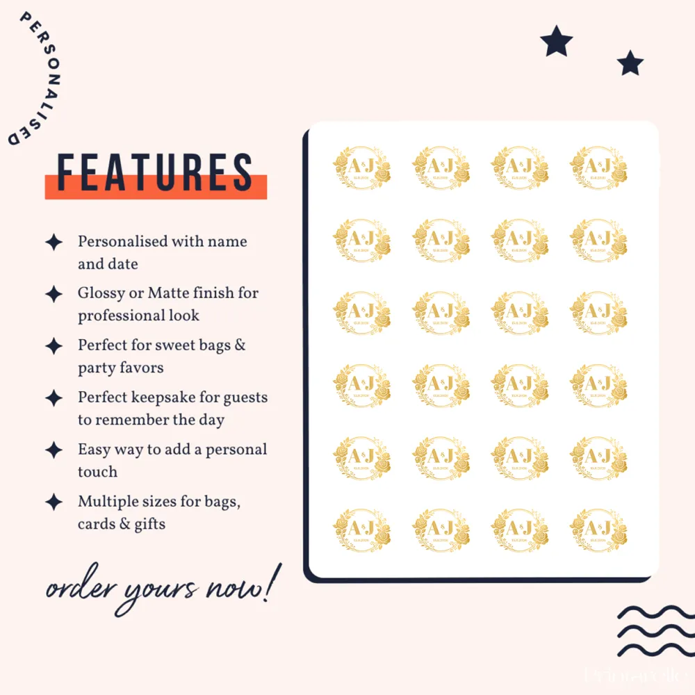 Gold foil monogram wreath wedding stickers with aj initials and decorative laurel wreaths in real foil colours