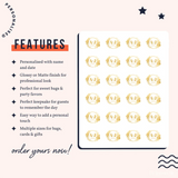 Gold foil monogram wreath wedding stickers with aj initials and decorative laurel wreaths in real foil colours