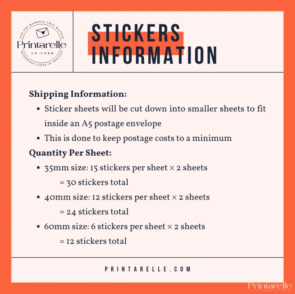 Printarelles monogram wreath wedding personalised foil stickers info card with orange border black text white background real foil colors