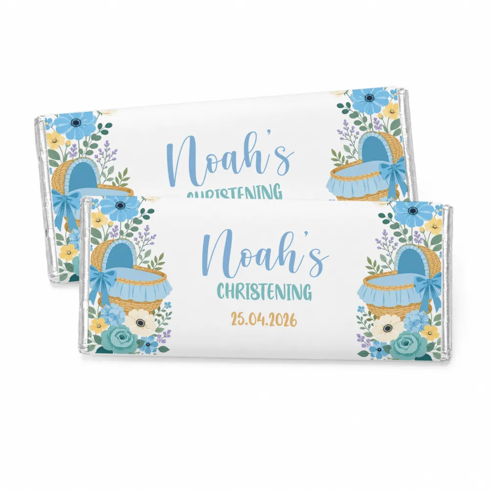 Personalized white chocolate bars with blue moses basket floral design for noahs christening 25 04 2026