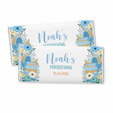 Personalized white chocolate bars with blue moses basket floral design for noahs christening 25 04 2026