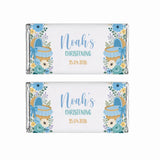Two personalized 40g blue moses basket chocolate bars wrapped in silver foil with floral baby basket design for christening