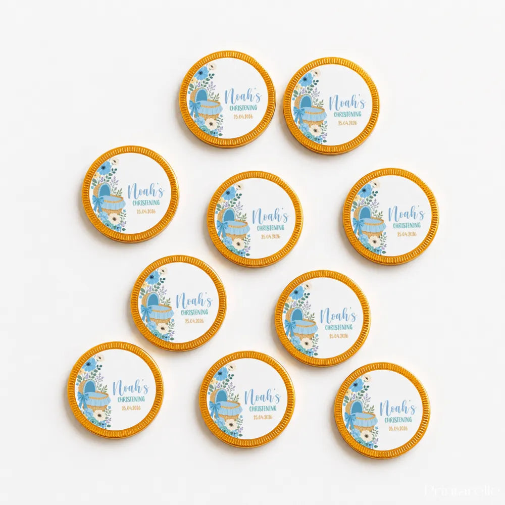 Blue and white personalised chocolate coins with moses basket pram design and gold foil edges for christening gifts