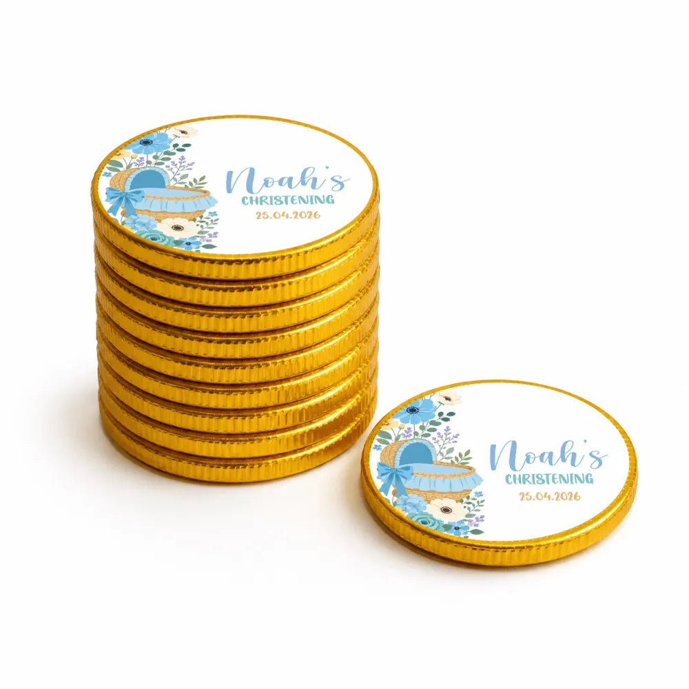 Golden personalised chocolate coins with blue and white floral noahs christening details for moses basket gift